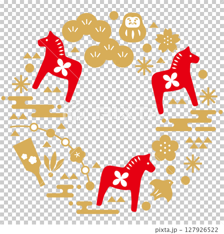 日式相框和背景。也可用於新年賀卡的日式插圖。日本現代插圖。 127926522