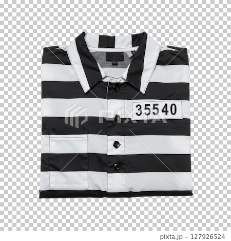 Black and white striped prison uniform shirt, folded with a numerical identification tag 127926524