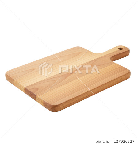 Smooth wooden cutting board with a convenient handle and natural light wood grain 127926527