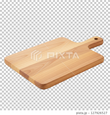 Smooth wooden cutting board with a convenient handle and natural light wood grain 127926527