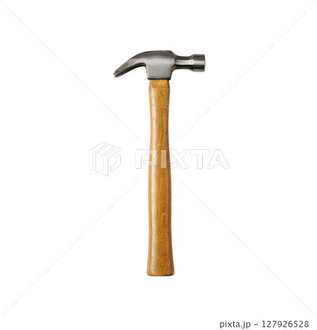 Sturdy metal claw hammer showcasing a polished wooden handle and traditional, rugged form 127926528