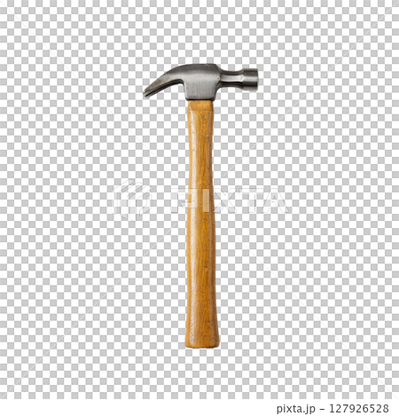 Sturdy metal claw hammer showcasing a polished wooden handle and traditional, rugged form 127926528
