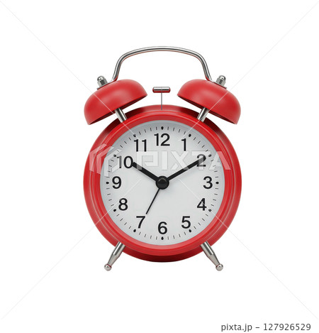 Classic retro red alarm clock with shining twin bells and a bright white numerical face 127926529