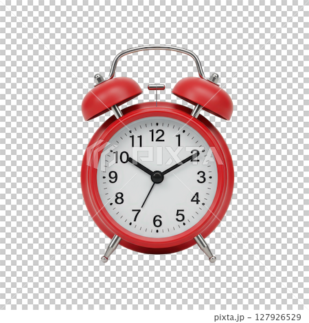 Classic retro red alarm clock with shining twin bells and a bright white numerical face 127926529