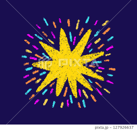Crayon doodle firework symbol. Hand drawn firework pencil sketch. Chalk magic star sparkle. Crayon color texture starburst. Vector illustration on white background 127926637