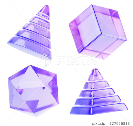 3d set of glass holographic geometric shape - cone, cube, pyramid and polygon render icon. Abstract transparent figure with hologram gradient texture, isolated crystal glossy object. 3D illustration 3d set of glass holographic geometric shape - cone, cube, pyramid and polygon render icon. Abstract transparent figure with hologram gradient texture, isolated crystal glossy object. 3D illustration 127926818