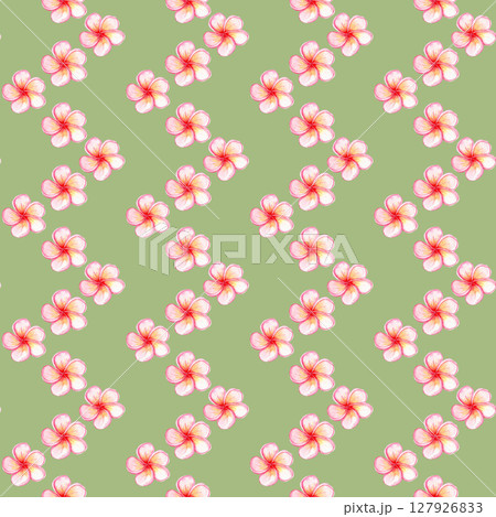 Pink and yellow plumeria frangipani flowers on a soft green background Seamless watercolor pattern. Perfect for summer textile design, packaging, wallpaper, and tropical-themed projects. Vertical Pink and yellow plumeria frangipani flowers on a soft green background Seamless watercolor pattern. Perfect for summer textile design, packaging, wallpaper, and tropical-themed projects. Vertical 127926833
