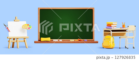3d school interior set, classroom furniture with blackboard, student desk, chair, backpack, books, stationery, easel with canvas, paint, brush for painting class, cartoon render icons. 3D illustration 127926835