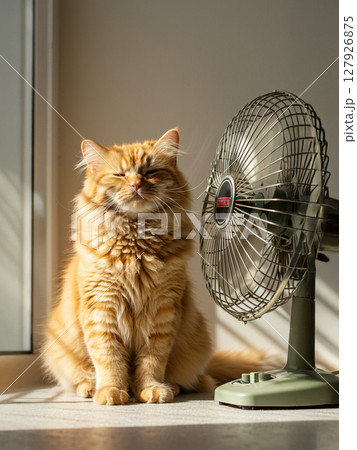 扇風機で涼むリラックスした茶トラの猫 127926875