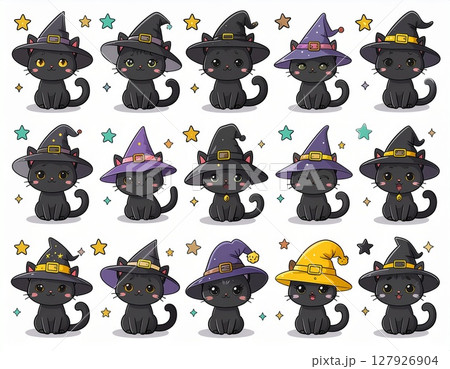 かわいい魔法使いの黒猫 ハロウィンのイラストセット 127926904