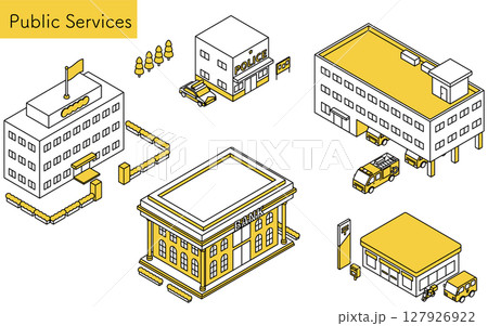 公共サービス系の建物(交番・郵便局・消防署・銀行・役所)のシンプルな線画アイソメトリックイラスト 公共サービス系の建物(交番・郵便局・消防署・銀行・役所)のシンプルな線画アイソメトリックイラスト 127926922
