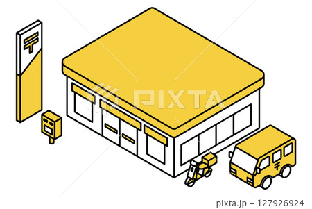 公共サービス系の建物、郵便ポストと郵便局と配達車両のシンプルな線画アイソメトリックイラスト 127926924