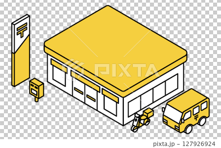 公共サービス系の建物、郵便ポストと郵便局と配達車両のシンプルな線画アイソメトリックイラスト 127926924