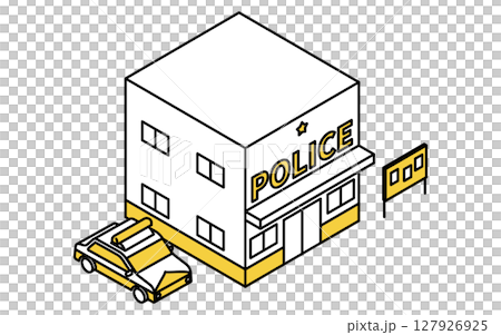 公共サービス系の建物、パトカーと交番のシンプルな線画アイソメトリックイラスト 127926925