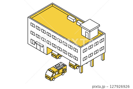 公共サービス系の建物、消防車と消防署のシンプルな線画アイソメトリックイラスト 公共サービス系の建物、消防車と消防署のシンプルな線画アイソメトリックイラスト 127926926