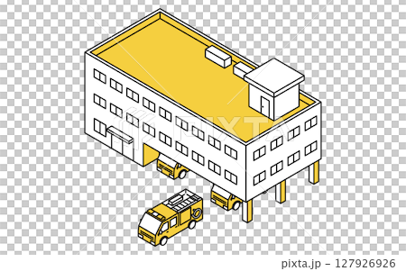 公共サービス系の建物、消防車と消防署のシンプルな線画アイソメトリックイラスト 公共サービス系の建物、消防車と消防署のシンプルな線画アイソメトリックイラスト 127926926