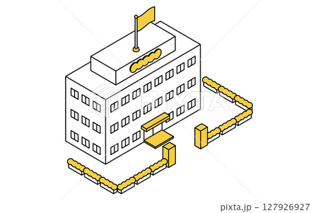 公共サービス系の建物、国旗掲揚している役所のシンプルな線画アイソメトリックイラスト 127926927