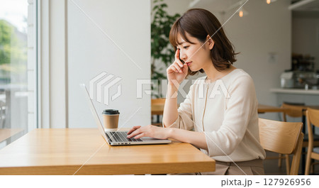 カフェでパソコンを使用し、仕事に集中する女性 カフェでパソコンを使用し、仕事に集中する女性 127926956