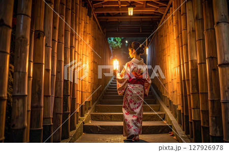 蝋燭を手に階段を登る女性 127926978
