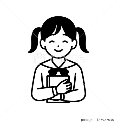 ツインテールの女子高生の線画アイコン、微笑み、イラスト、素材、背景なし 127927030