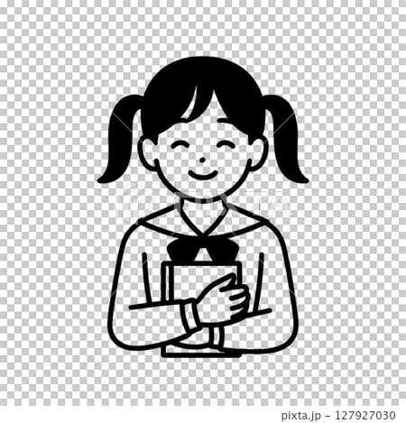 ツインテールの女子高生の線画アイコン、微笑み、イラスト、素材、背景なし 127927030