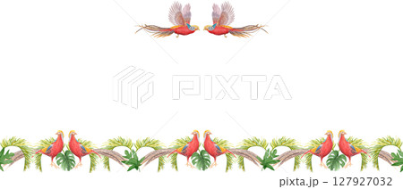 Flying and standing birds with colorful plumage, palm leaves watercolor frame isolated on white. Hand-painted ideal for stationery, fabric prints, summer projects, cards. Golden pheasant. Horizontal Flying and standing birds with colorful plumage, palm leaves watercolor frame isolated on white. Hand-painted ideal for stationery, fabric prints, summer projects, cards. Golden pheasant. Horizontal 127927032
