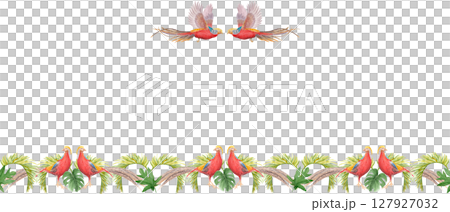 Flying and standing birds with colorful plumage, palm leaves watercolor frame isolated on white. Hand-painted ideal for stationery, fabric prints, summer projects, cards. Golden pheasant. Horizontal Flying and standing birds with colorful plumage, palm leaves watercolor frame isolated on white. Hand-painted ideal for stationery, fabric prints, summer projects, cards. Golden pheasant. Horizontal 127927032