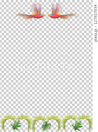 Tropical birds with palm leaves watercolor vertical frame on white background. Hand-painted perfect for stationery, fabric prints, summer projects, cards. Golden pheasant. Horizontal. Flying standing 127927034