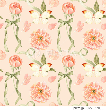 Peonies, butterfly, petals, and green ribbon watercolor seamless pattern on pastel. Hand-painted in soft pastel tones. Ideal for wedding stationery, branding, textiles, packaging, feminine design 127927038