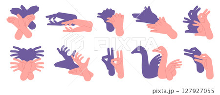 Animal shadow gestures. Hands theater, human hand show different animals. Theatrical arm and fingers gesture, shadows imagination, racy vector set 127927055