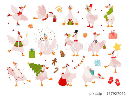 Christmas cartoon geese. Goose in different poses with various items, gifts, sweets, fir tree. New year style farm birds characters, isolated classy vector set Christmas cartoon geese. Goose in different poses with various items, gifts, sweets, fir tree. New year style farm birds characters, isolated classy vector set 127927061