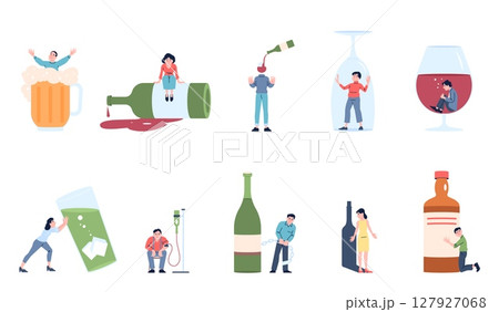 Alcohol addiction. Alcoholic characters with beverage bottles and glasses. Men women abuse wine whiskey cognac, unhealthy lifestyle recent vector scenes Alcohol addiction. Alcoholic characters with beverage bottles and glasses. Men women abuse wine whiskey cognac, unhealthy lifestyle recent vector scenes 127927068