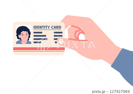 Hand show id card. Person hold personal document for pass border control, office or work entry, identification. Passport, documents, recent vector element 127927069