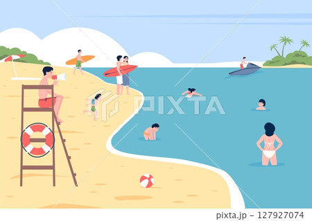 Lifeguard on beach watching swimmers. Adults children swimming in sea. Seasonal beachside with lifesaver on tower, rescue with lifebuoy, recent vector scene 127927074