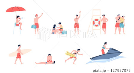 Beach lifeguard. Rescuers patrolling beachside, emergency in water. First aid for drowning people, swimmers safety and vacationers, recent vector set Beach lifeguard. Rescuers patrolling beachside, emergency in water. First aid for drowning people, swimmers safety and vacationers, recent vector set 127927075