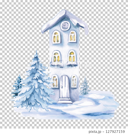 Cozy house under snow with Christmas trees. Isolated watercolor illustration for invitations, tickets, photo frames, posters, calendars, printing on textiles and clothes. Cozy house under snow with Christmas trees. Isolated watercolor illustration for invitations, tickets, photo frames, posters, calendars, printing on textiles and clothes. 127927159
