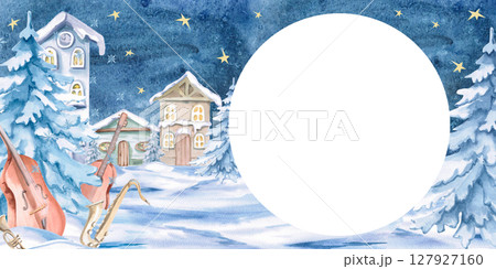 Rectangular frame with Christmas tree and musical instruments on the background of winter village. Isolated watercolor illustration for invitations, tickets, photo frames, posters, calendars. 127927160