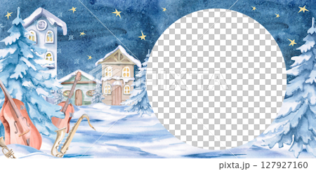 Rectangular frame with Christmas tree and musical instruments on the background of winter village. Isolated watercolor illustration for invitations, tickets, photo frames, posters, calendars. 127927160