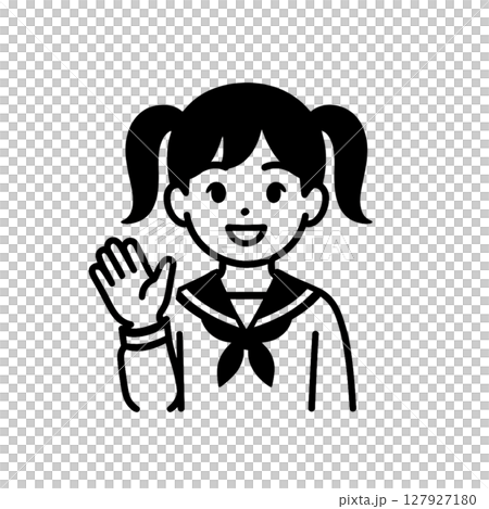 Twin-tailed high school girl line drawing icon, smile, illustration, material, no background, greeting 127927180