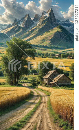 Scenic rural landscape with dirt road winding through golden wheat fields, leading to rustic wooden barns. Towering mountains with jagged peaks and lush greenery dominate background partly cloudy 127927214