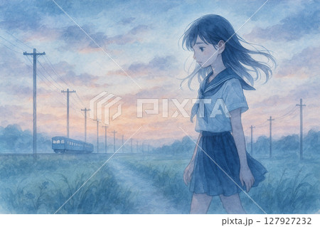 女の子と夕暮れの電車 127927232