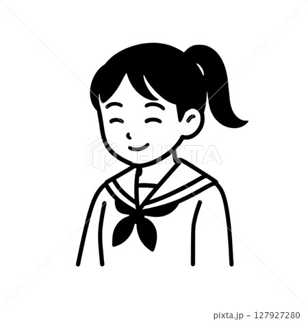 ポニーテールの女子高生の線画アイコン、背景なし、イラスト、微笑み、素材 127927280