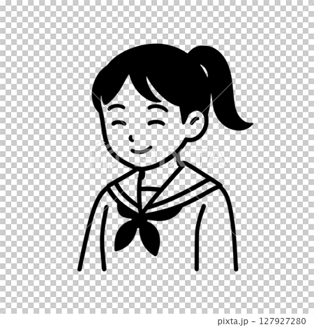 ポニーテールの女子高生の線画アイコン、背景なし、イラスト、微笑み、素材 127927280