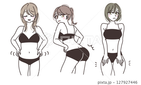 足お腹お尻を気にする女性のイラストセット 127927446