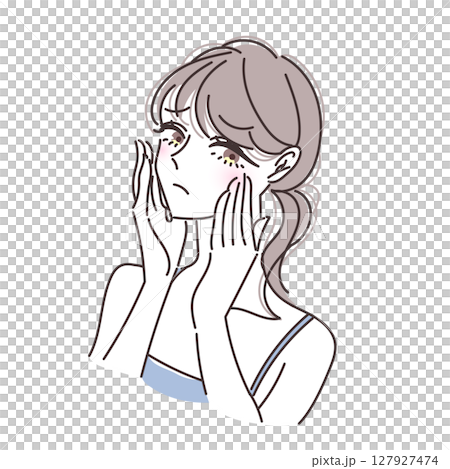 フェイスケアをする困り顔の女性のイラスト 127927474