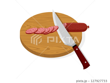 Round cutting board with sliced sausage, whole sausage, and knife. Wood texture shown. Victor Illustration. Stock Illustration Round cutting board with sliced sausage, whole sausage, and knife. Wood texture shown. Victor Illustration. Stock Illustration 127927733