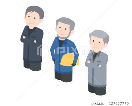 3人の年配の男性作業員がこちらを見上げているイラスト 3人の年配の男性作業員がこちらを見上げているイラスト 127927770