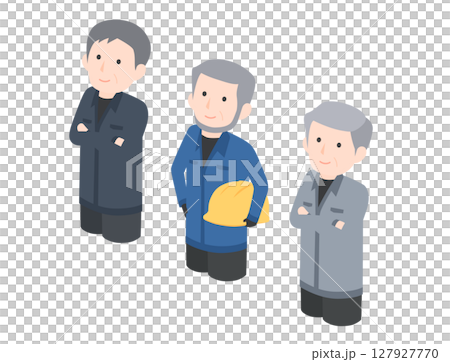 3人の年配の男性作業員がこちらを見上げているイラスト 3人の年配の男性作業員がこちらを見上げているイラスト 127927770