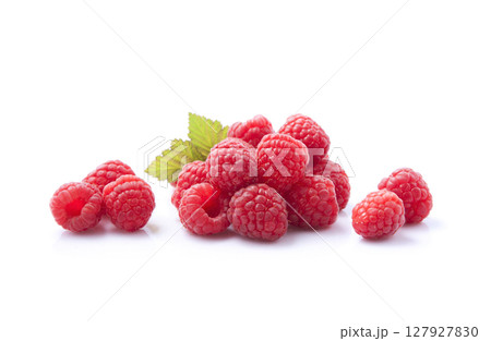 Sweet raspberry with leaves on white backgrounds 127927830