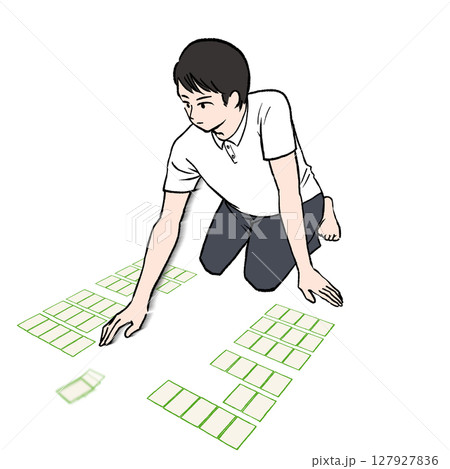 競技かるたで札を取る半袖シャツを着た男性のイラスト素材 127927836